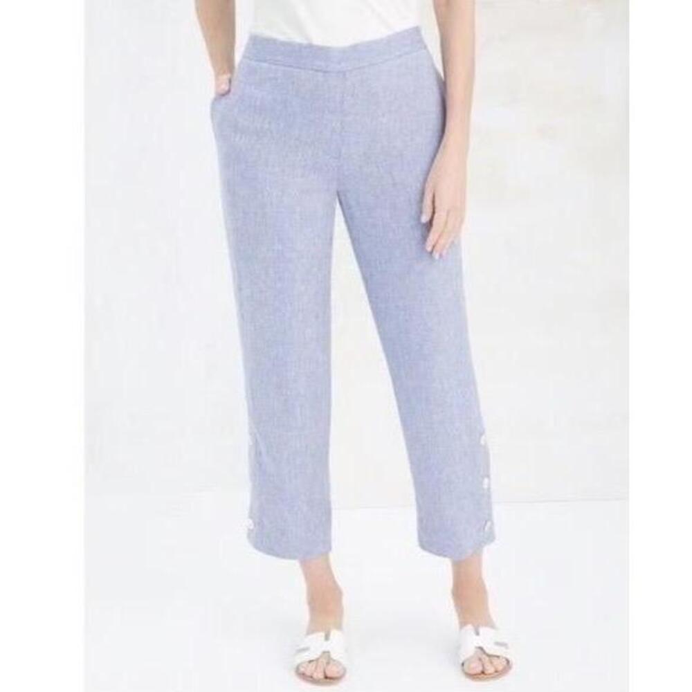 Chicos‎ Linen Pants Coastal Chic Cropped Light Blue Button Hem High Waist Size 2